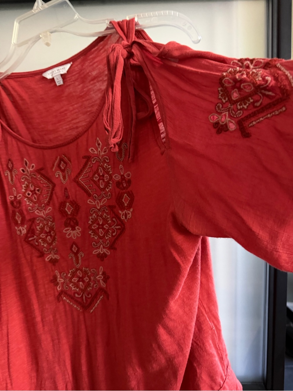 Lucky Brand L Coral Embroidered Tie-Shoulder Boho Peasant Blouse - Picture 2 of 7